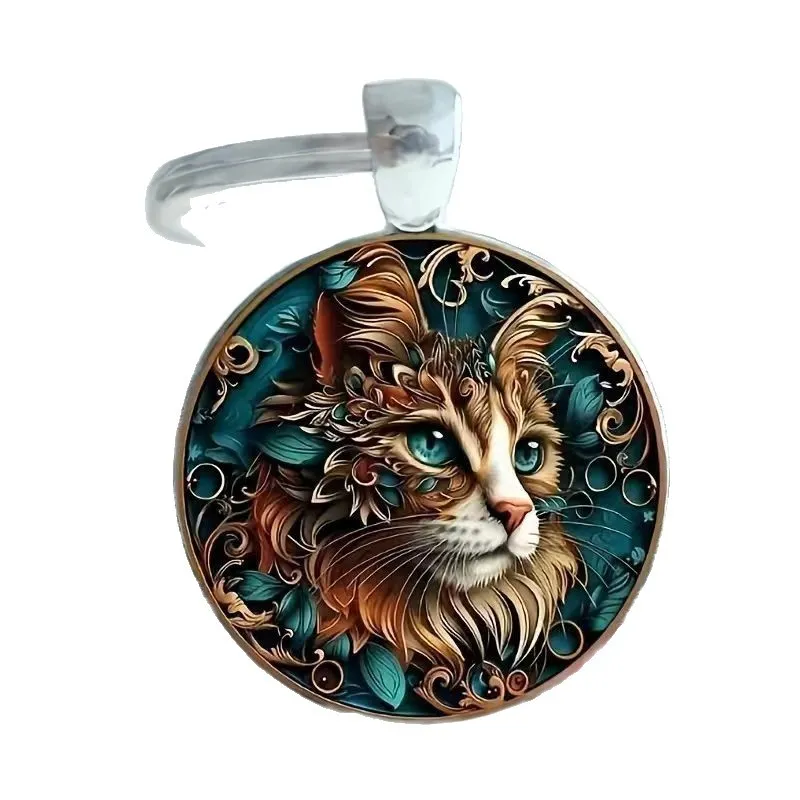 Lovable Cat Pendant Keychain – Round Glass Alloy Keyring with Cute Kitty & Heart Design, Perfect Bag Charm & Key Accessory for Cat Lovers